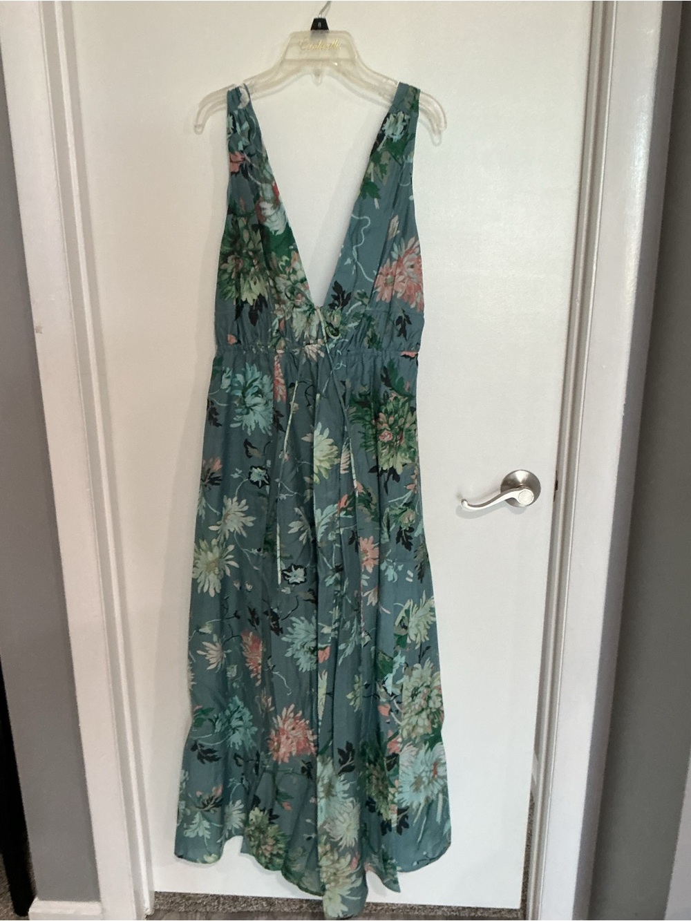 Floral Deep V Maxi Dress in Teal Green